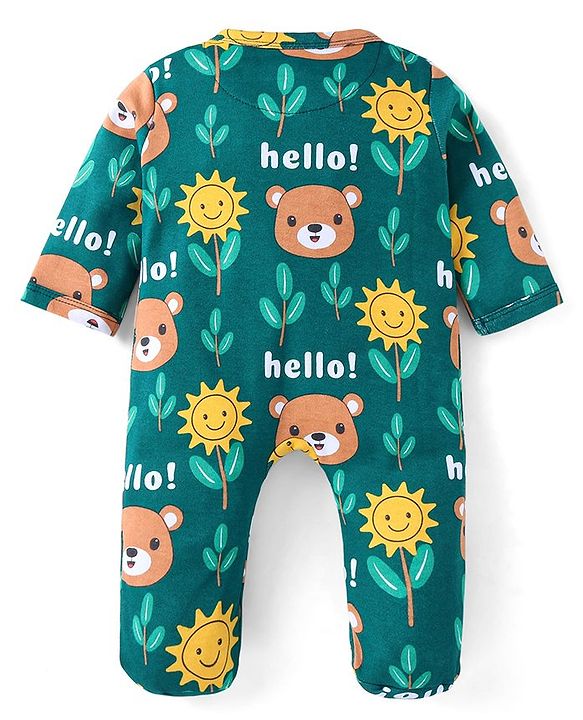 Babyhug Cotton Knit Full Sleeves Front Open Footed Sleepsuit with Bear & Floral Print - Dark Green