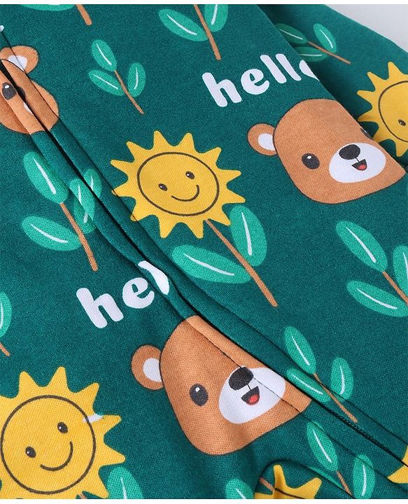 Babyhug Cotton Knit Full Sleeves Front Open Footed Sleepsuit with Bear & Floral Print - Dark Green