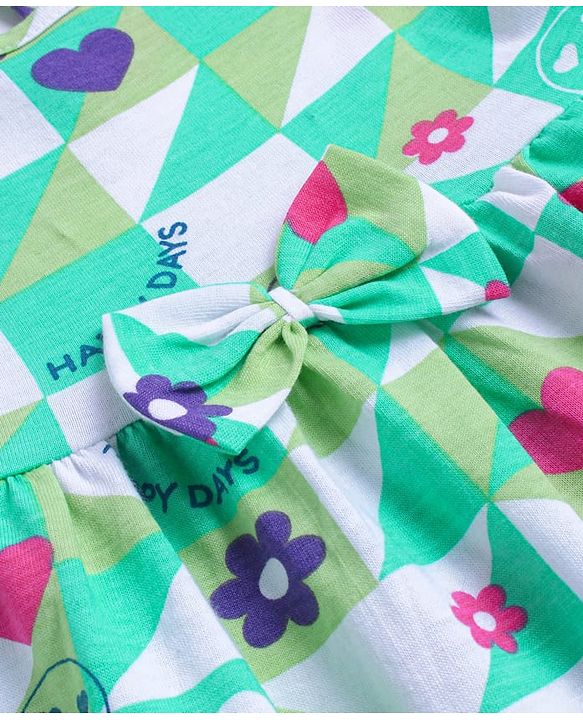 Babyhug Single Jersey Knit Half Sleeves Floral Printed Frock With Bow Applique - Sea Green