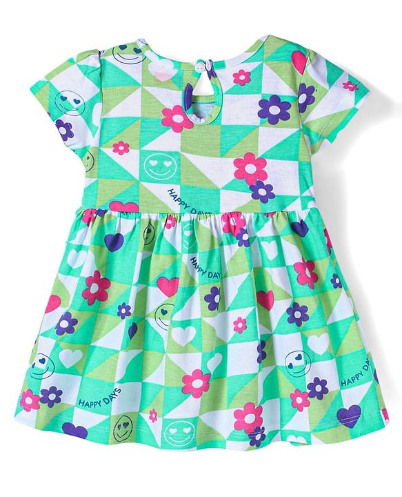 Babyhug Single Jersey Knit Half Sleeves Floral Printed Frock With Bow Applique - Sea Green