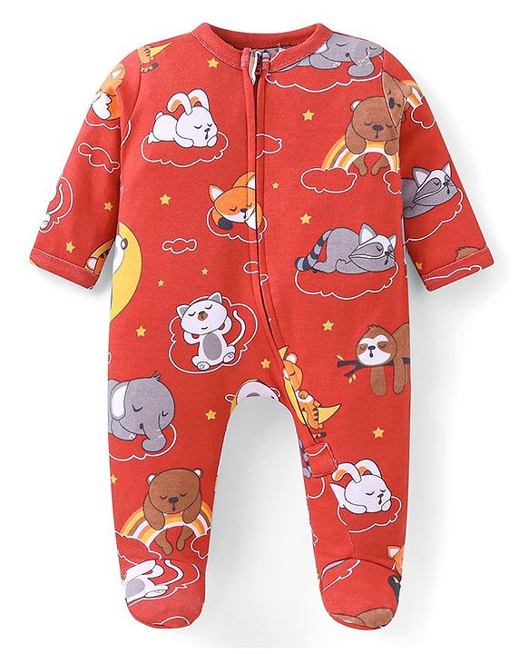 Babyhug Cotton Knit Full Sleeves Front Open Footed Sleepsuit with Animals Print - Red