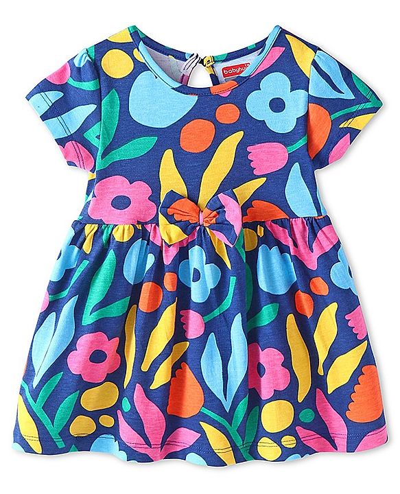 Babyhug Single Jersey Knit Half Sleeves Frock with Floral Print & Bow Applique - Navy Blue