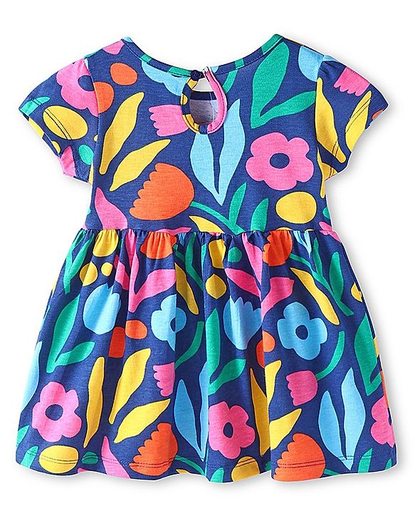 Babyhug Single Jersey Knit Half Sleeves Frock with Floral Print & Bow Applique - Navy Blue