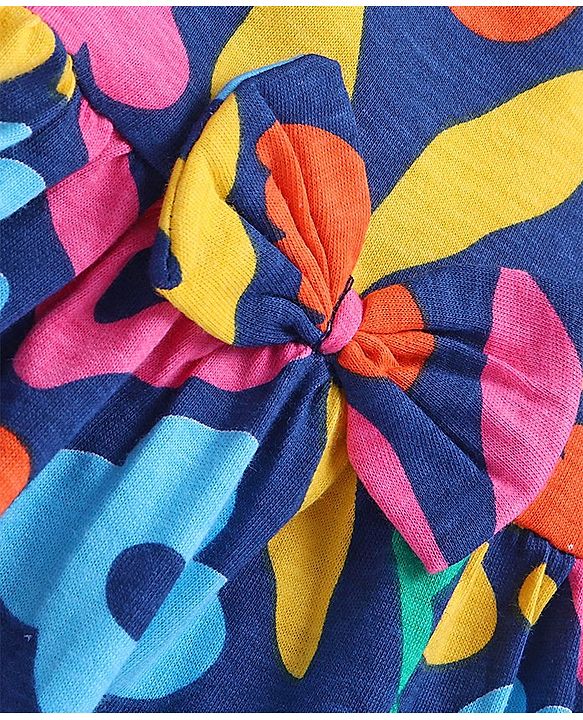 Babyhug Single Jersey Knit Half Sleeves Frock with Floral Print & Bow Applique - Navy Blue