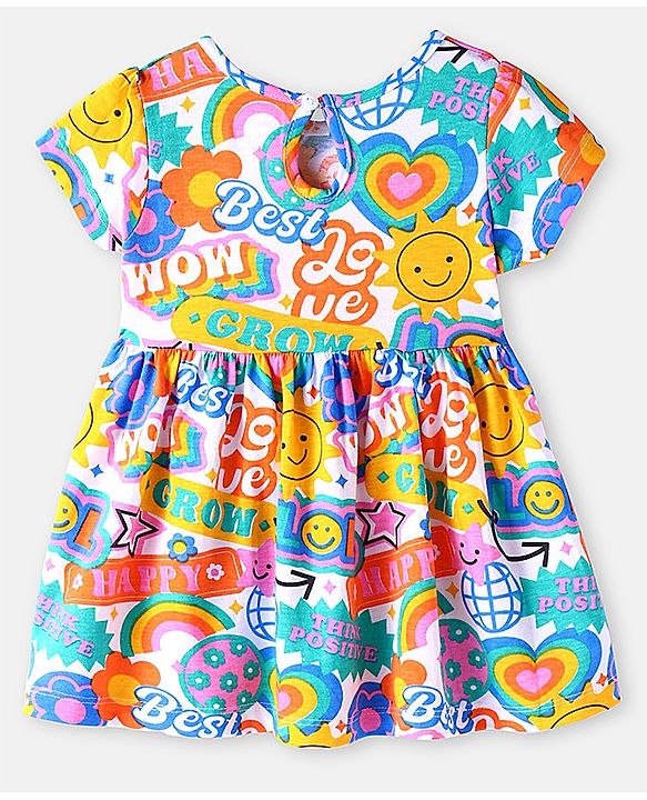 Babyhug Single Jersey Knit Half Sleeves Frock with Smiley Print & Bow Applique - White Blue & Yellow