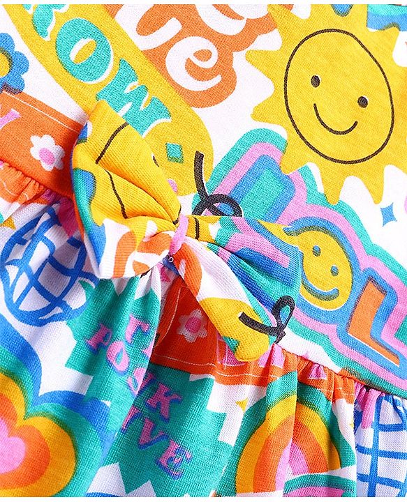 Babyhug Single Jersey Knit Half Sleeves Frock with Smiley Print & Bow Applique - White Blue & Yellow