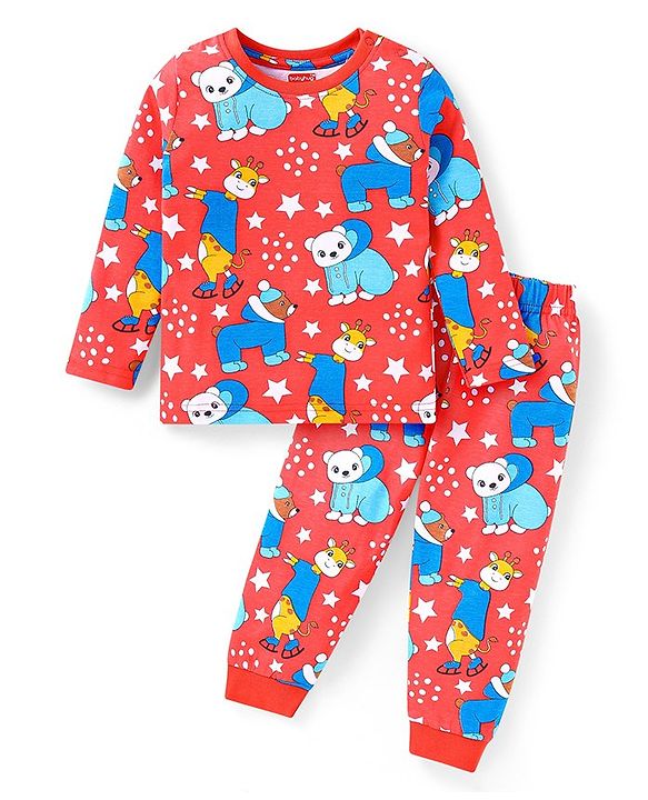 Babyhug Cotton Knit Full Sleeves Night Suit with Bear Print - Red