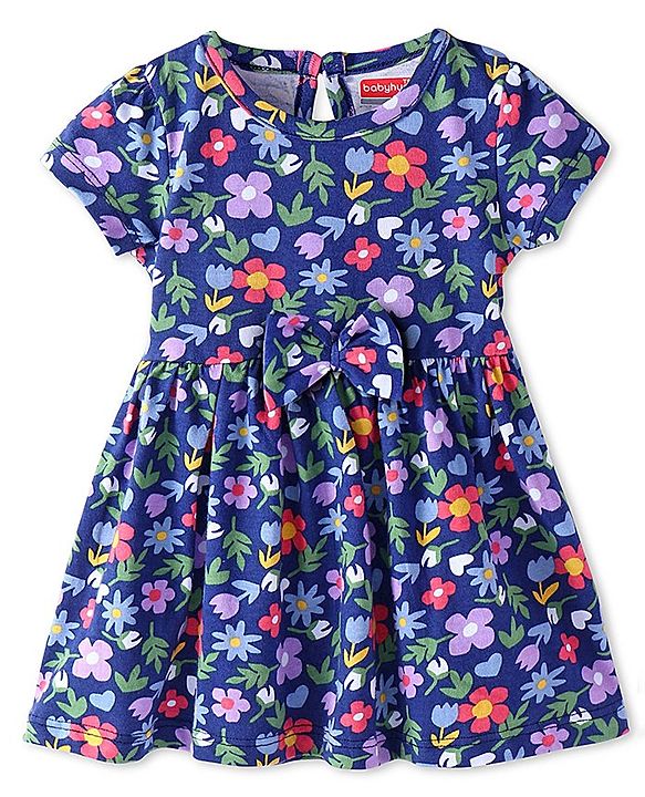 Babyhug Single Jersey Knit Half Sleeves Frock with Floral Print & Bow Applique - Navy Blue