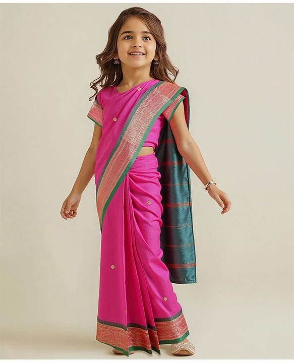 Babyhug Silk Woven Half Sleeves Blouse & Saree with Zari Border - Dark Pink