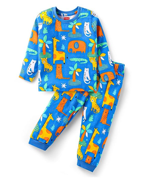 Babyhug Cotton Knit Full Sleeves Night Suit With Animals Print - Blue