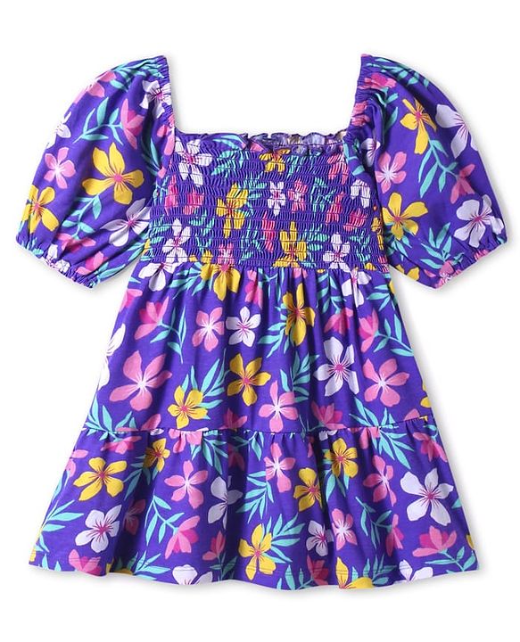 Babyhug Single Jersey Knit Half Sleeves Frock With Floral Print - Purple