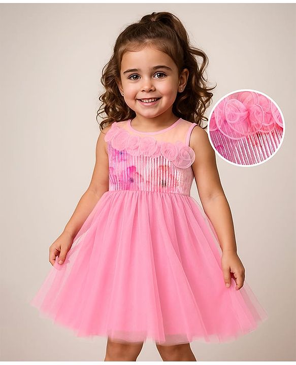 Babyhug Woven Sleeveless Fit & Flare Frock with Frills on Yoke Detailing - Pink
