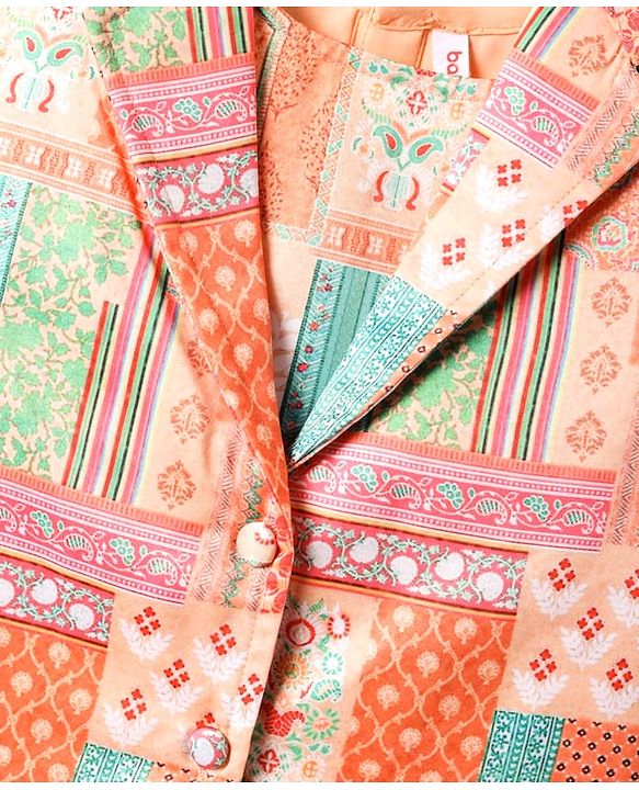 Babyhug Woven Top with Three Fourth Sleeves Printed Jacket & Palazzo - Peach