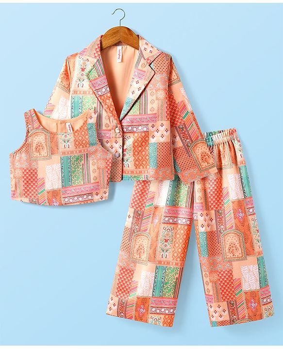 Babyhug Woven Top with Three Fourth Sleeves Printed Jacket & Palazzo - Peach