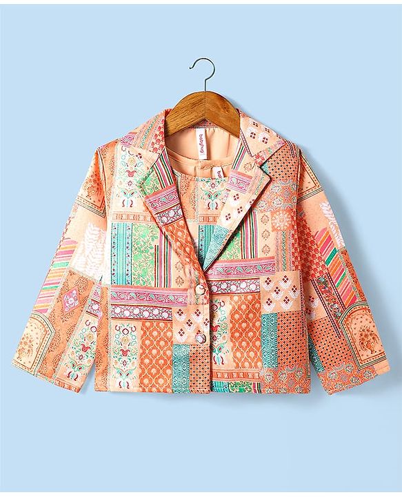 Babyhug Woven Top with Three Fourth Sleeves Printed Jacket & Palazzo - Peach