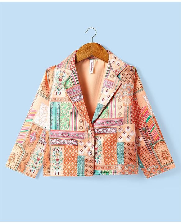 Babyhug Woven Top with Three Fourth Sleeves Printed Jacket & Palazzo - Peach