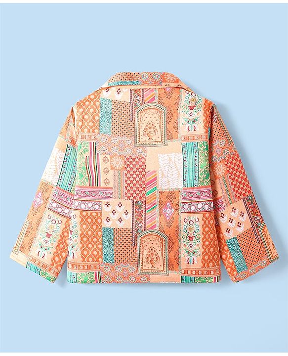 Babyhug Woven Top with Three Fourth Sleeves Printed Jacket & Palazzo - Peach