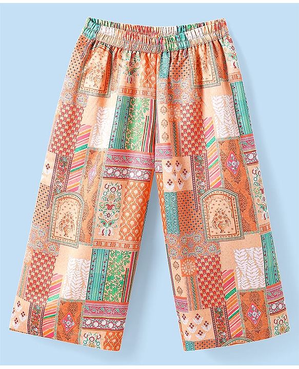 Babyhug Woven Top with Three Fourth Sleeves Printed Jacket & Palazzo - Peach