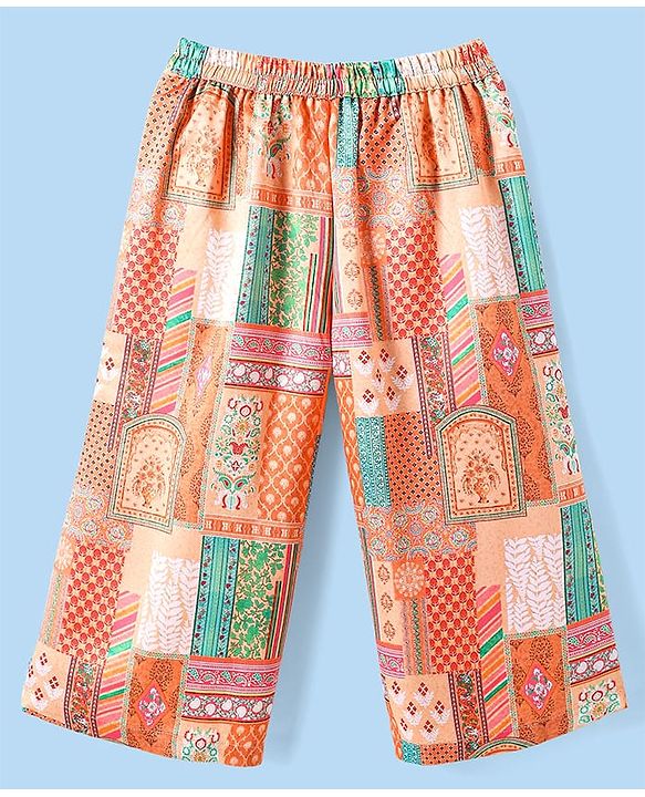 Babyhug Woven Top with Three Fourth Sleeves Printed Jacket & Palazzo - Peach