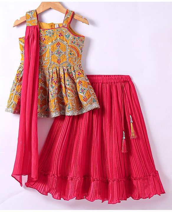 Babyhug Woven Sleeveless Embroidered Choli & Flared Lehenga with Dupatta - Dark Pink & Orange