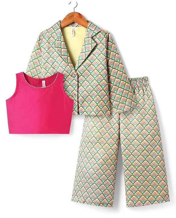 Babyhug Woven Top with Three Fourth Sleeves Printed Jacket & Palazzo - Light Green & Dark Pink