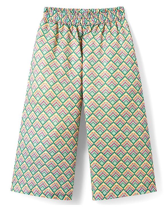 Babyhug Woven Top with Three Fourth Sleeves Printed Jacket & Palazzo - Light Green & Dark Pink