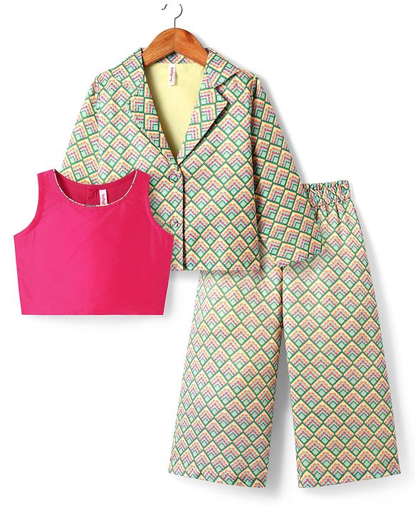 Babyhug Woven Top with Three Fourth Sleeves Printed Jacket & Palazzo - Light Green & Dark Pink