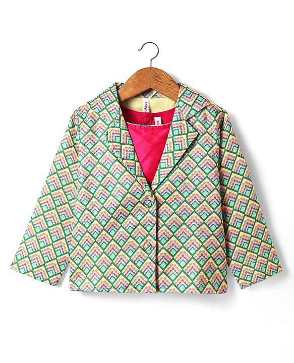 Babyhug Woven Top with Three Fourth Sleeves Printed Jacket & Palazzo - Light Green & Dark Pink