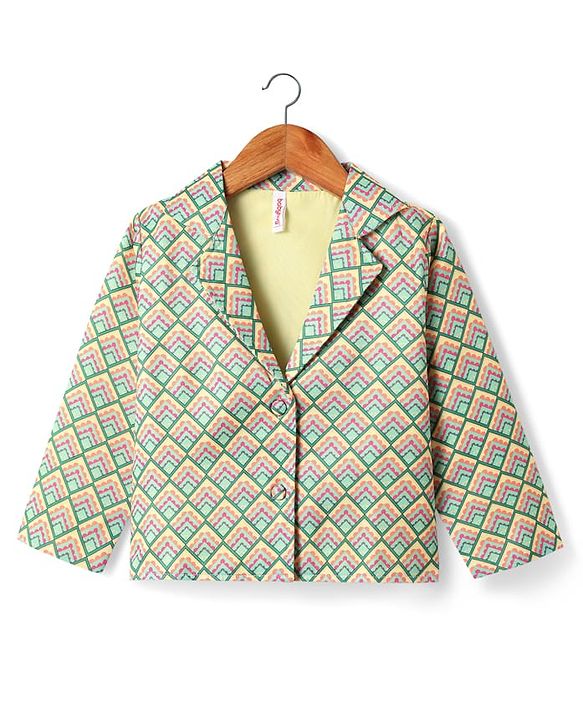 Babyhug Woven Top with Three Fourth Sleeves Printed Jacket & Palazzo - Light Green & Dark Pink