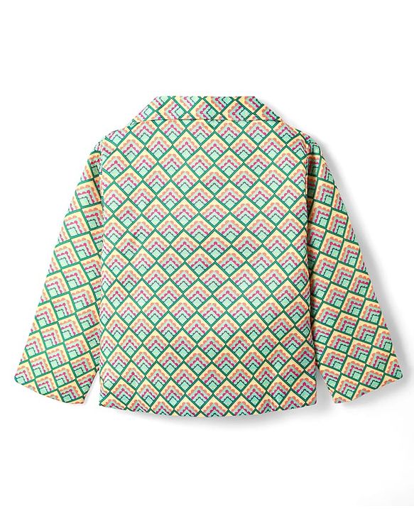 Babyhug Woven Top with Three Fourth Sleeves Printed Jacket & Palazzo - Light Green & Dark Pink