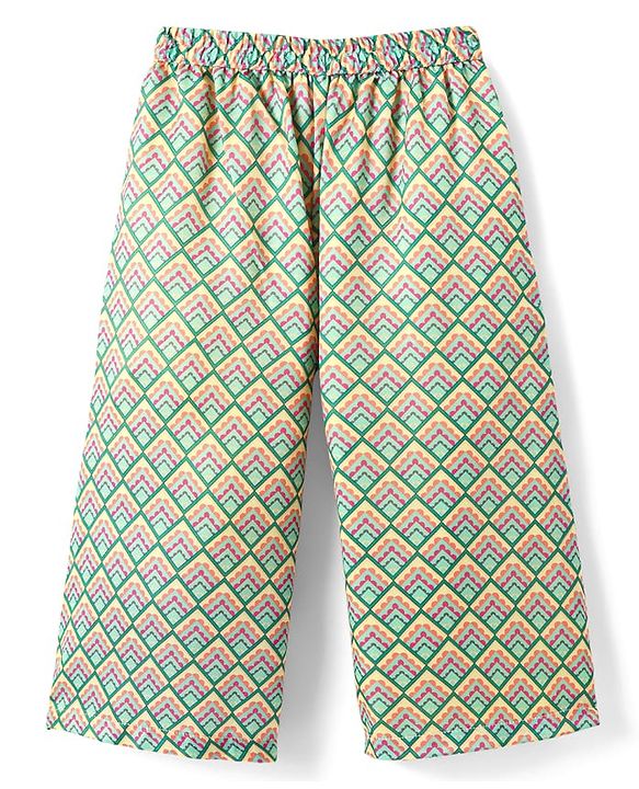 Babyhug Woven Top with Three Fourth Sleeves Printed Jacket & Palazzo - Light Green & Dark Pink