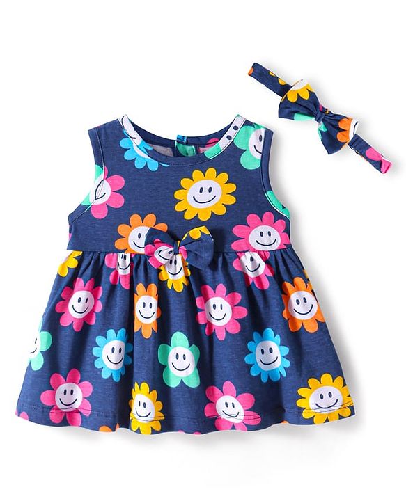 Babyhug Single Jersey Knit Sleeveless Floral Printed Frock with Headband & Bow Applique - Navy Blue