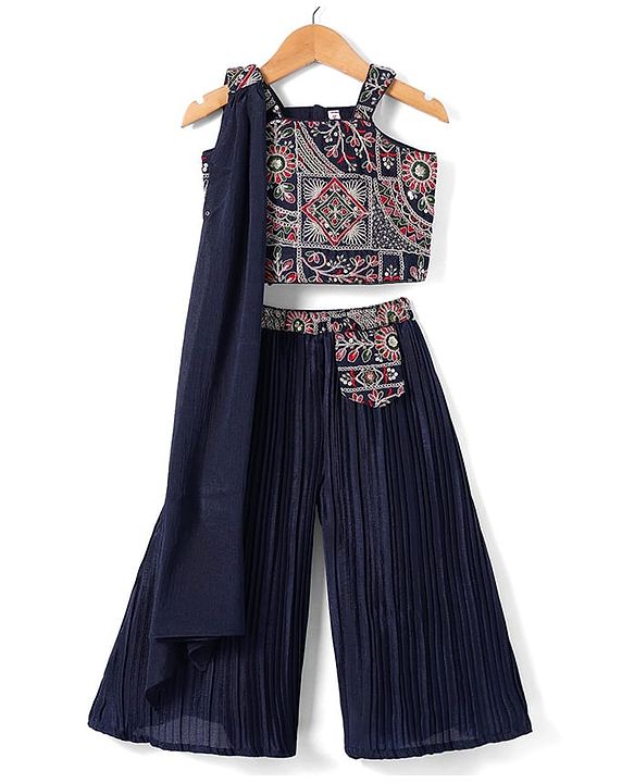 Babyhug Georgette Woven Sleeveless Floral Embroidered & Sequinned Top With Palazzo and Dupatta Set - Navy Blue