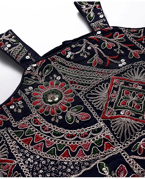 Babyhug Georgette Woven Sleeveless Floral Embroidered & Sequinned Top With Palazzo and Dupatta Set - Navy Blue
