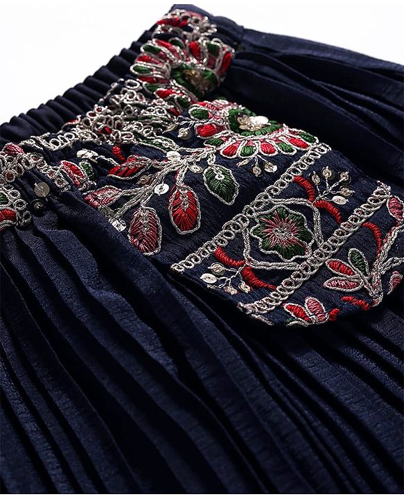 Babyhug Georgette Woven Sleeveless Floral Embroidered & Sequinned Top With Palazzo and Dupatta Set - Navy Blue