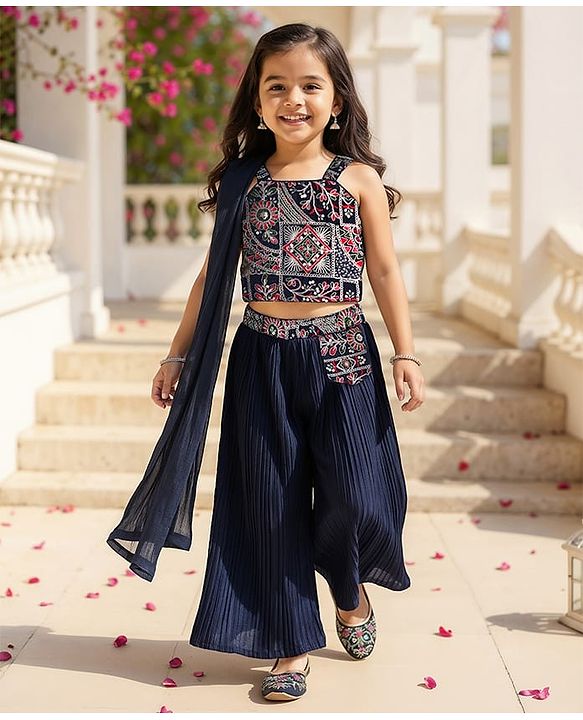 Babyhug Georgette Woven Sleeveless Floral Embroidered & Sequinned Top With Palazzo and Dupatta Set - Navy Blue