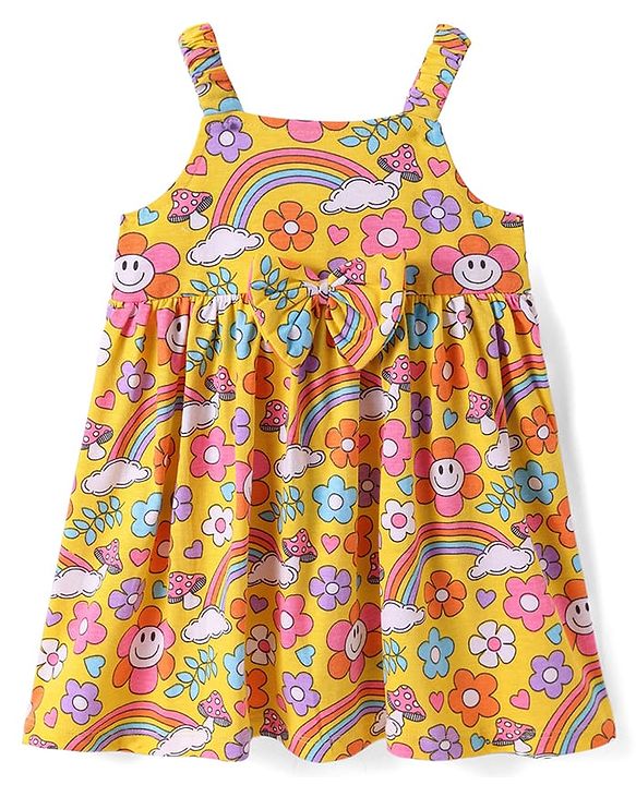 Babyhug Single Jersey Knit Sleevless Frock with Floral Rainbow Print & Bow Applique - Yellow