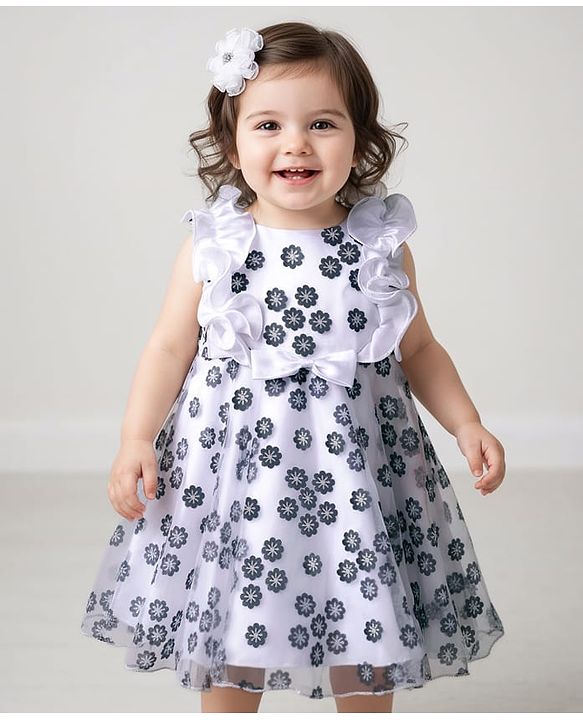 Babyhug Woven Frill Sleeves Party Dress with Floral Glitter Print & Bow Applique - White