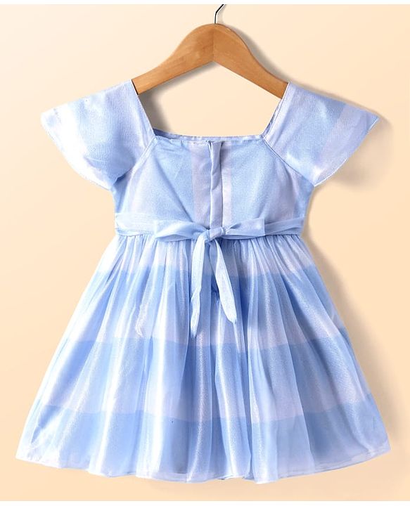 Babyhug Woven Sleeveless Fit & Flare Shimmered Frock with Bow Detailing - Light Blue