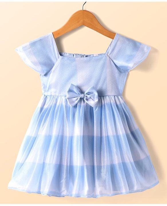 Babyhug Woven Sleeveless Fit & Flare Shimmered Frock with Bow Detailing - Light Blue