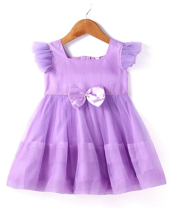 Babyhug Woven Frill Sleeves Solid Colour Fit & Flared Party Frock with Bow Applique - Lilac