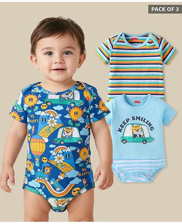Babyhug 100% Cotton Knit Half Sleeves Striped & Tiger Printed Onesies Pack of 3 - Light Blue & Navy