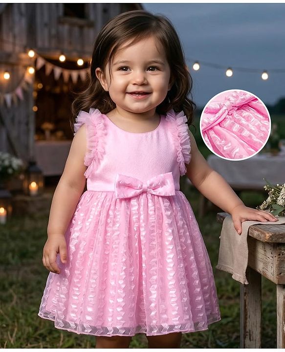 Babyhug Woven Sleeveless Fit & Flared Textured Party Frock with Bow Applique - Pink
