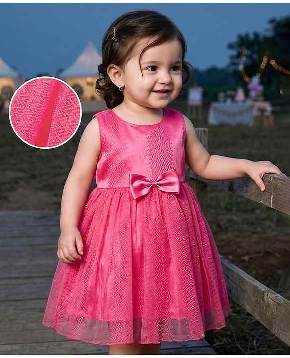 Babyhug Woven Sleeveless Fit & Flare Frock with Bow Applique - Dark Pink