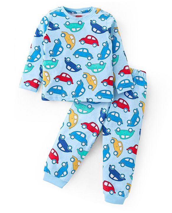 Babyhug Cotton Knit Full Sleeves Night Suit With Vehicle Print - Blue