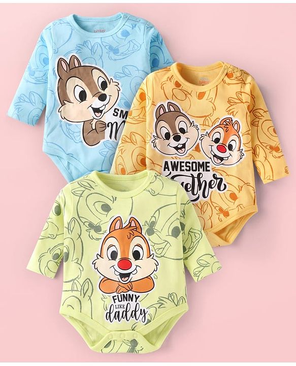 Babyhug Disney Interlock Knit Full Sleeves Chip N Dale Printed Onesies Pack of 3 - Light Blue Yellow & Light Green