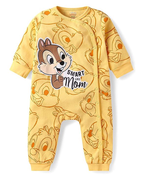 Babyhug Disney Interlock Knit Full Sleeves Front Open Rompers with Chip n Dale Graphics Pack of 2 - Light Blue & Yellow