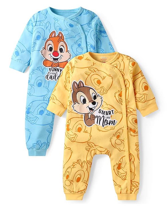 Babyhug Disney Interlock Knit Full Sleeves Front Open Rompers with Chip n Dale Graphics Pack of 2 - Light Blue & Yellow