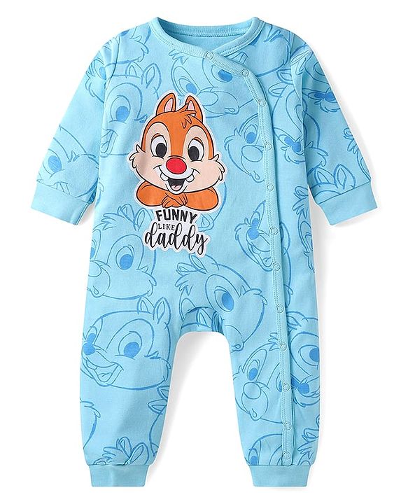 Babyhug Disney Interlock Knit Full Sleeves Front Open Rompers with Chip n Dale Graphics Pack of 2 - Light Blue & Yellow