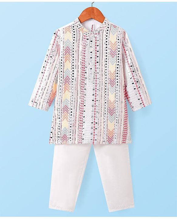 Babyhug Woven Full Sleeves Sequin Embroidered Sherwani Kurta Pyjama Set - Pink Yellow & White